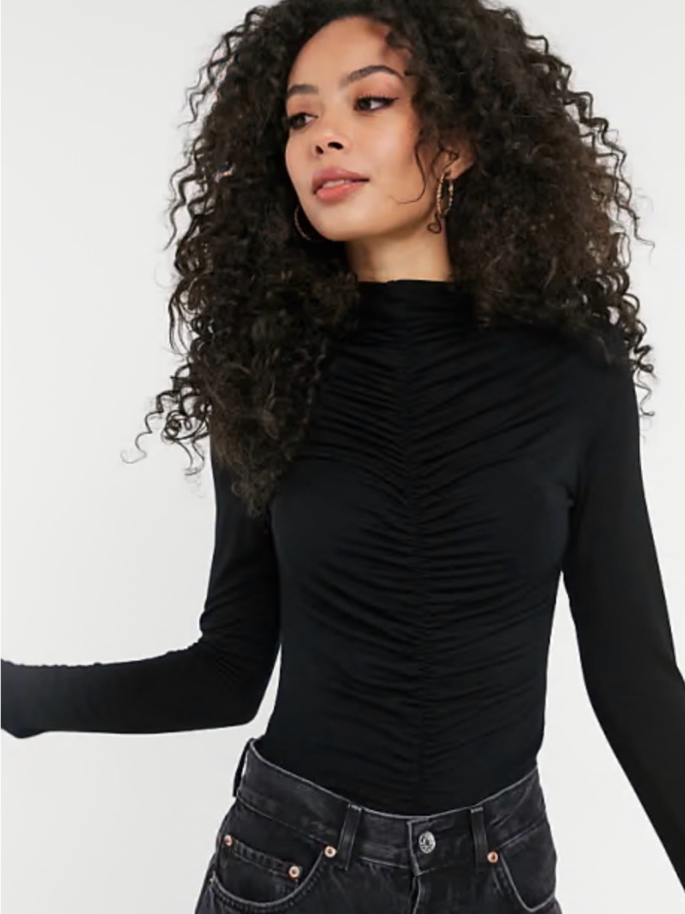 Good American Black Ruched Mock Neck Long Sleeve Top